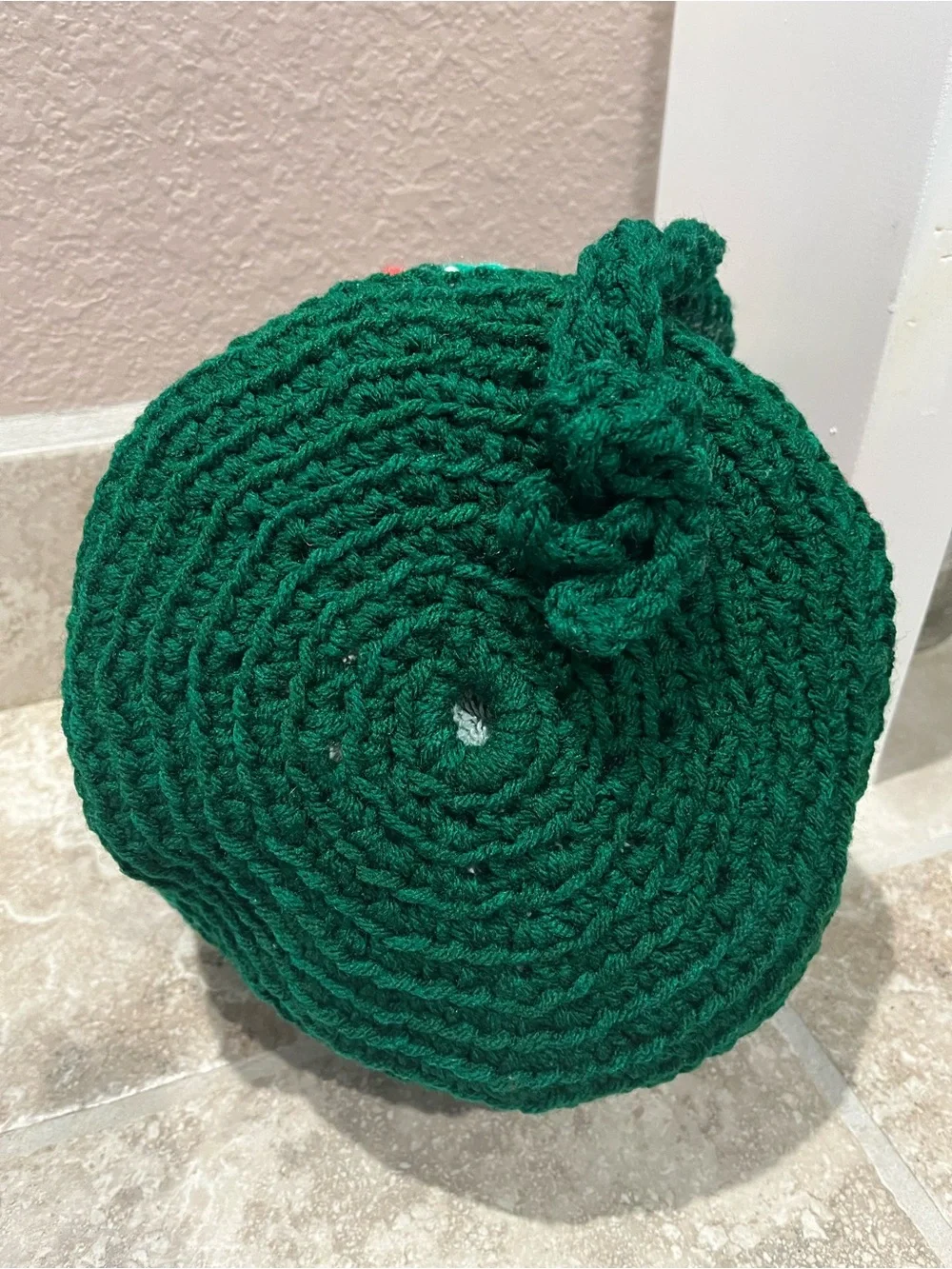 Handmade Red, Green & White Crochet Drawstring Bucket Bag